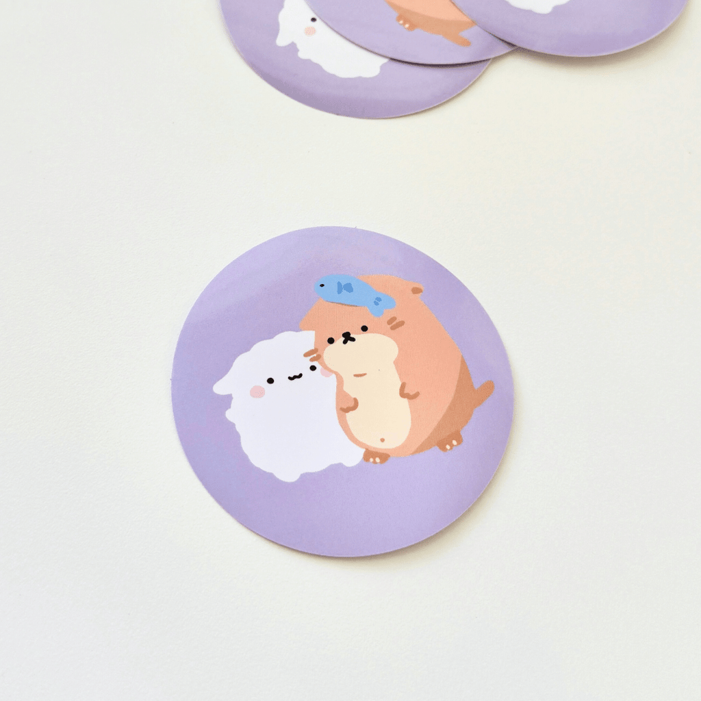 Kawa the Otter and Mika the Sheep Round Lilac Vinyl Sticker