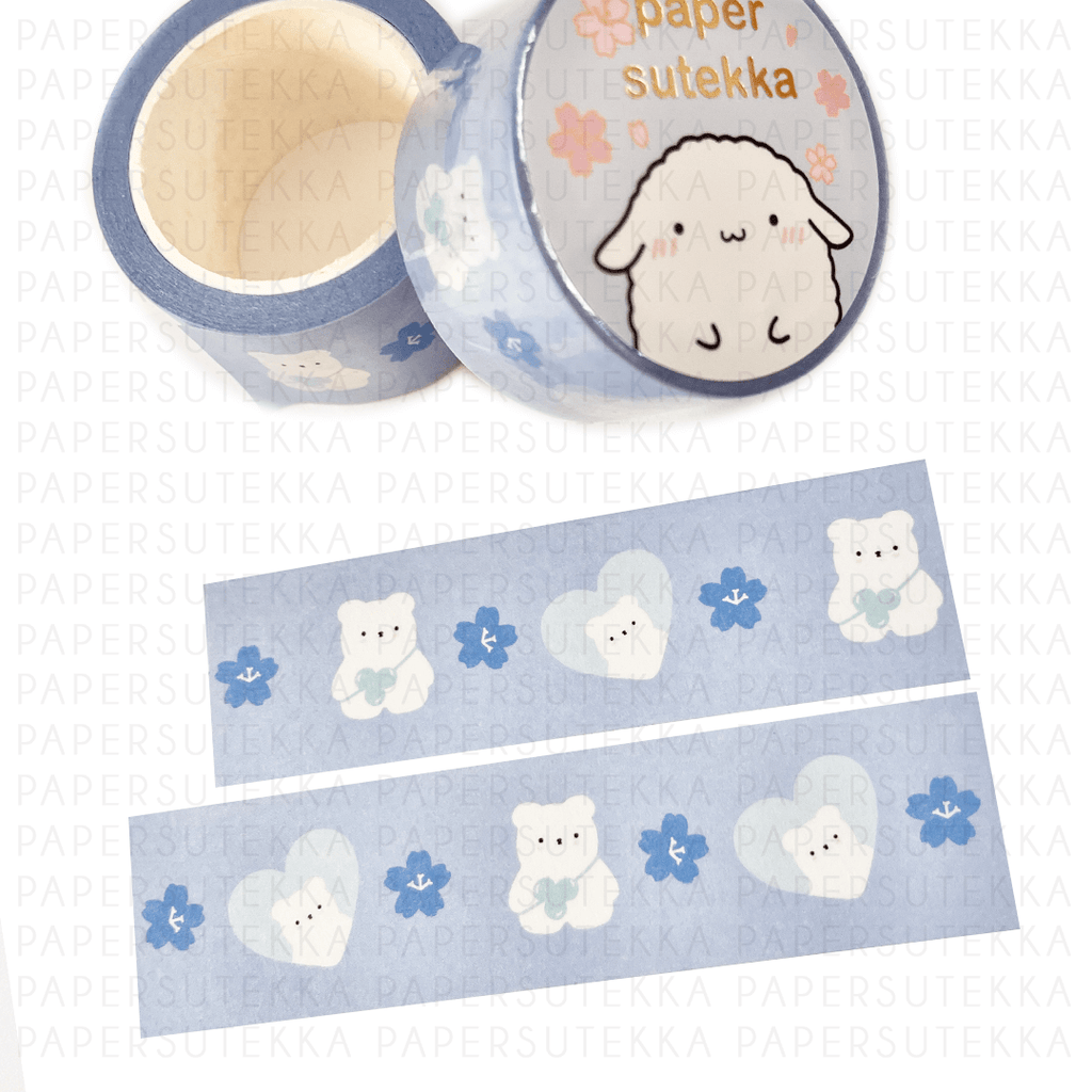 Polee Blue Cherry Blossom With Hearts and Bluberry Washi Tape 25mm - paper sutekka