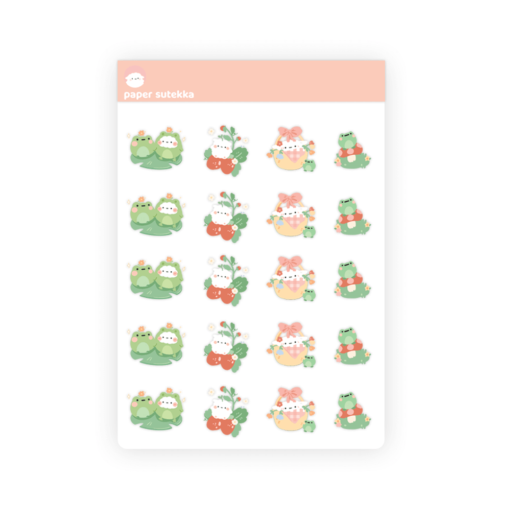 Cute Dudu the Frog and Mika The Sheep Strawberry, Picnic, and Mushroom Sticker Sheet - Paper Sutekka 