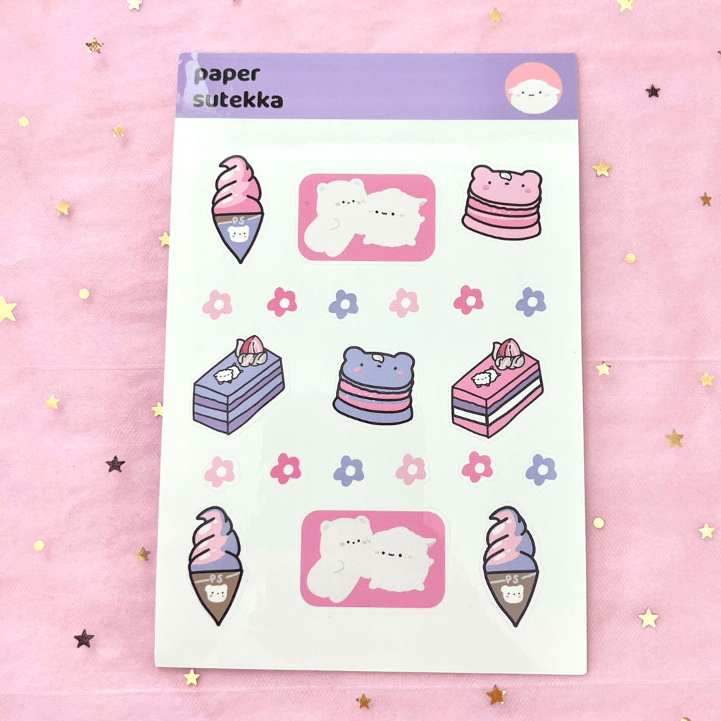 Purple and Pink Ice Cream, Cake and Macaron Deco Sticker Sheet with Flowers - paper sutekka
