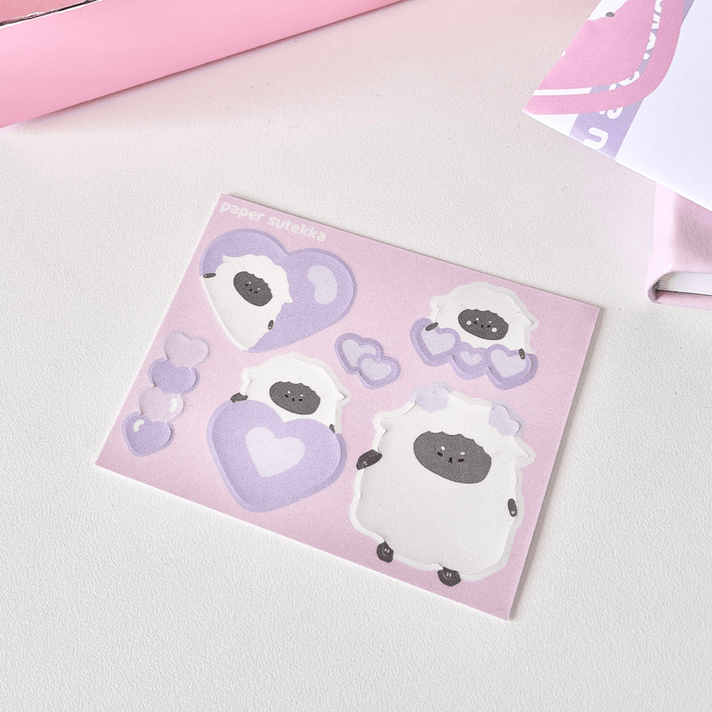 Momo the Sheep Purple Hearts/Love Mini Sticker Sheet - papersutekka