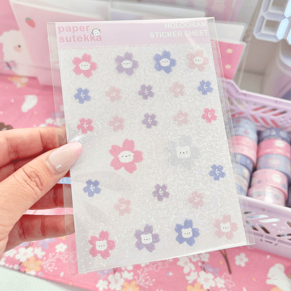 *Hologram* Mochi and Polee Face Cherry Blossoms Sticker Sheet - paper sutekka
