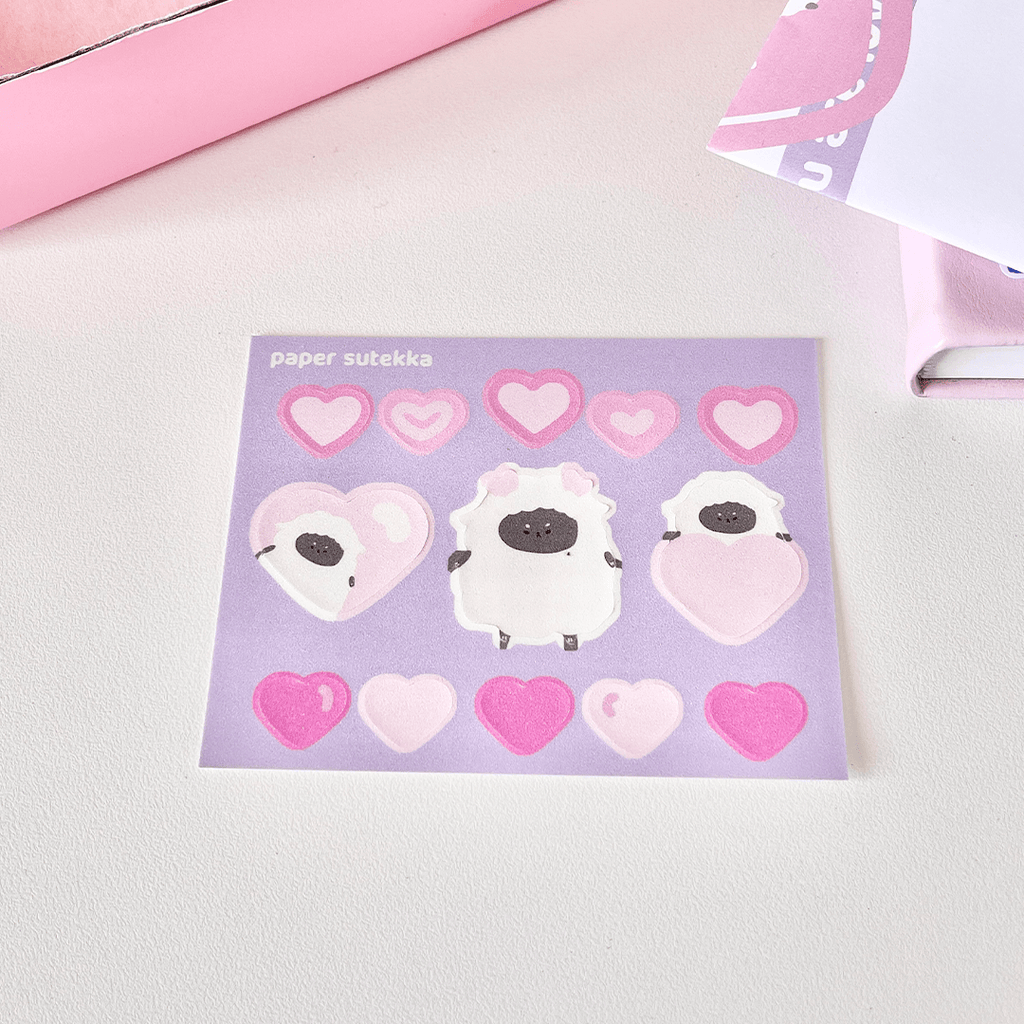 Momo the Sheep Pink Hearts/Love Mini Sticker Sheet - paper sutekka